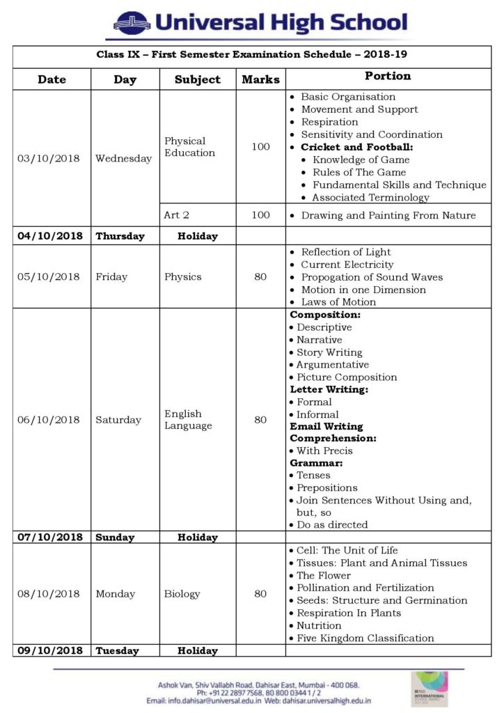 Class Ix – First Semester Examination Schedule – 2018-19 